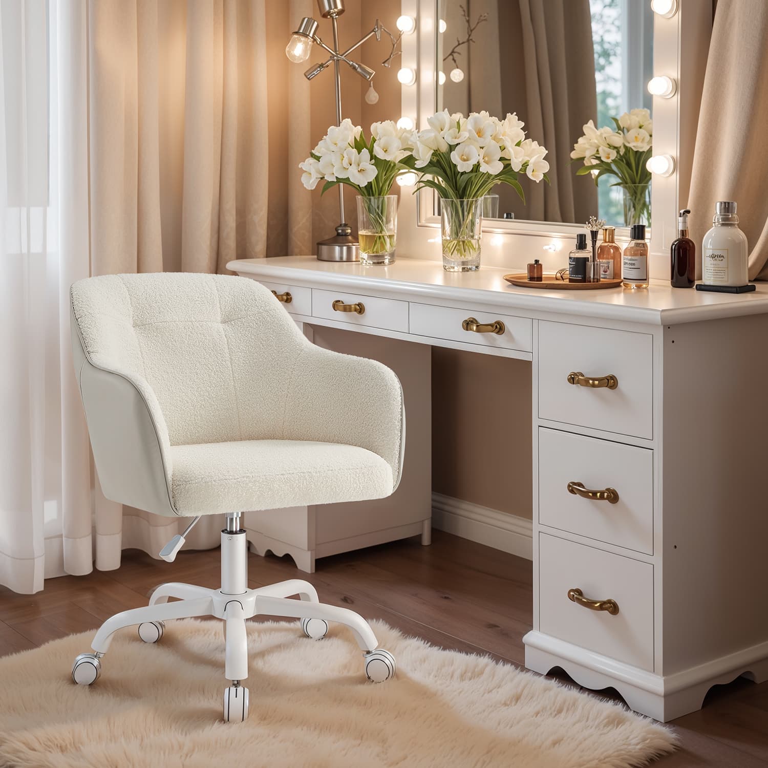 Office Chair - ORANIA Swivel Plush Fabric Office Chair - Cappuccino Beige - Indigo Home