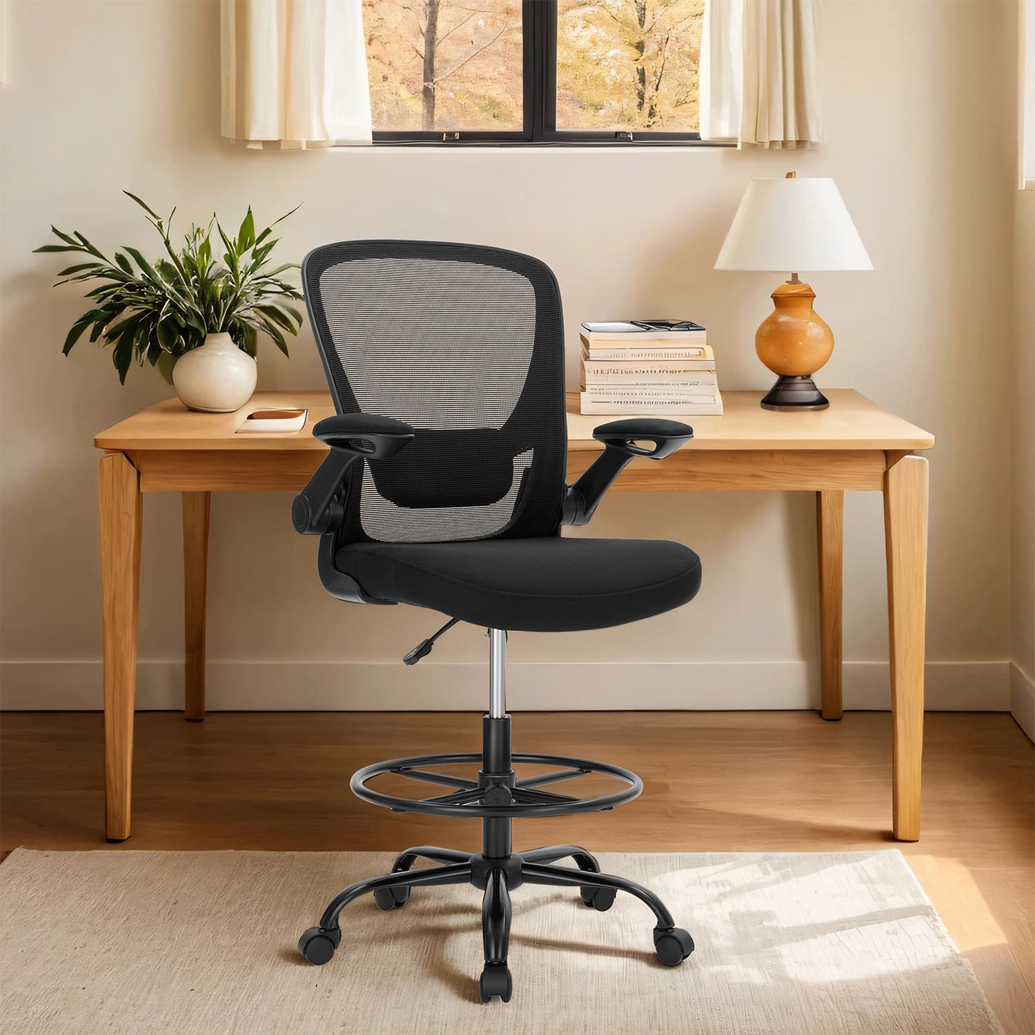 Drafting Chair - TARTA Mesh Ergonomic Chair with Flip-up Armrests - Black - Indigo Home