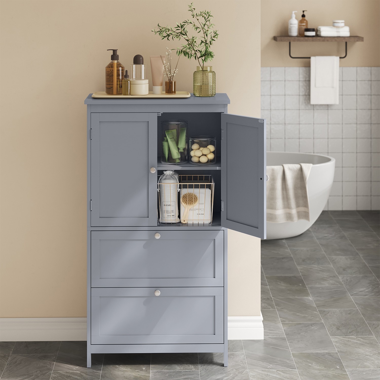 Bathroom Cabinet - MARDA Freestanding Floor Storage with 2 Drawers 2 Doors Adjustable Shelf - Grey - Indigo Home