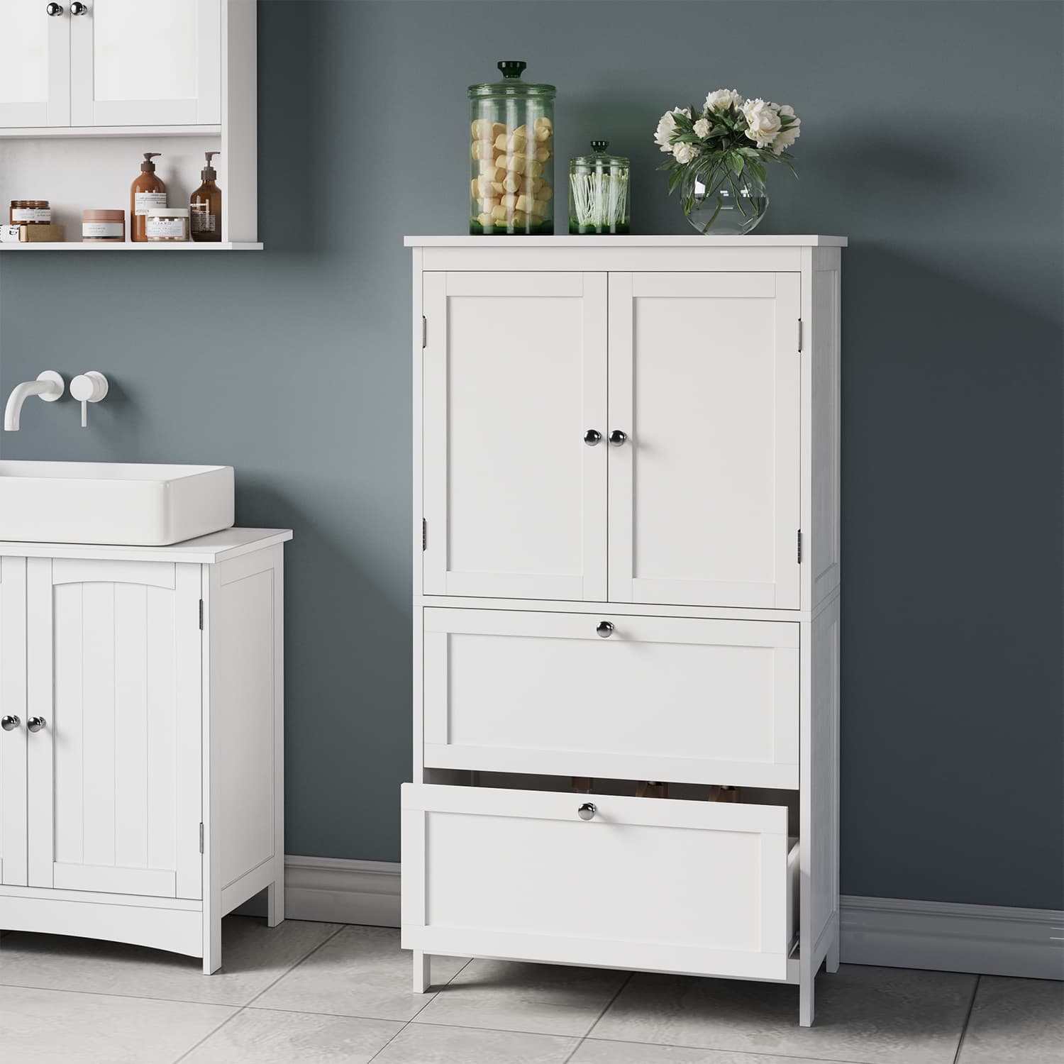Bathroom Cabinet - MARDA Freestanding Floor Storage with 2 Drawers 2 Doors Adjustable Shelf - White - Indigo Home