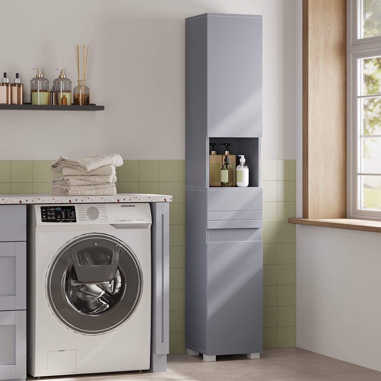 Tall Bathroom Cabinet - MARDA Slim Narrow Cupboard - Grey - Indigo Home