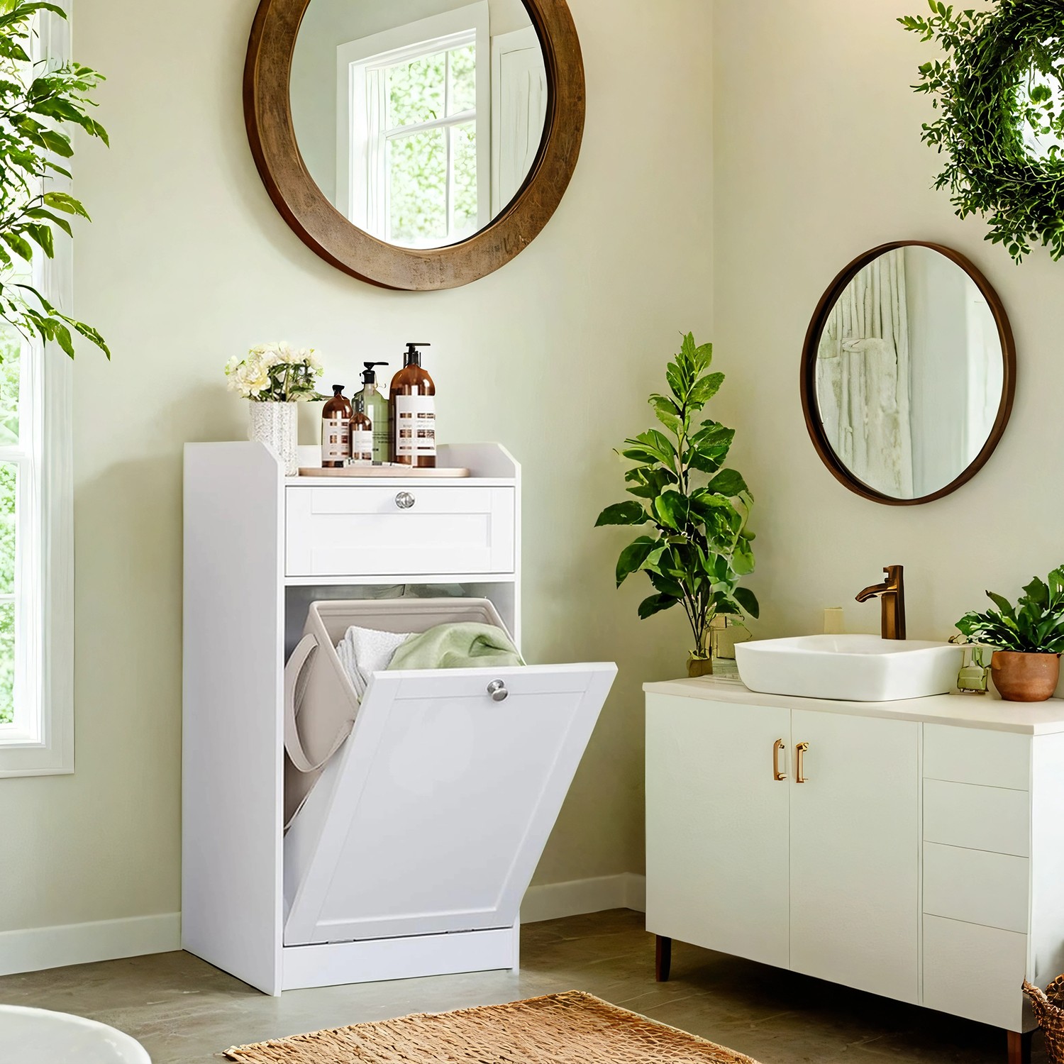 Bathroom Cabinet - MARDA Drawer Laundry Basket Cabinet - White - Indigo Home