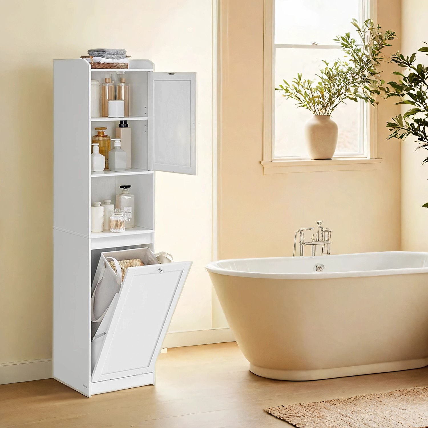 Tall Bathroom Cabinet - MARDA Storage Unit With Removable Laundry Basket and Handles - White - Indigo Home