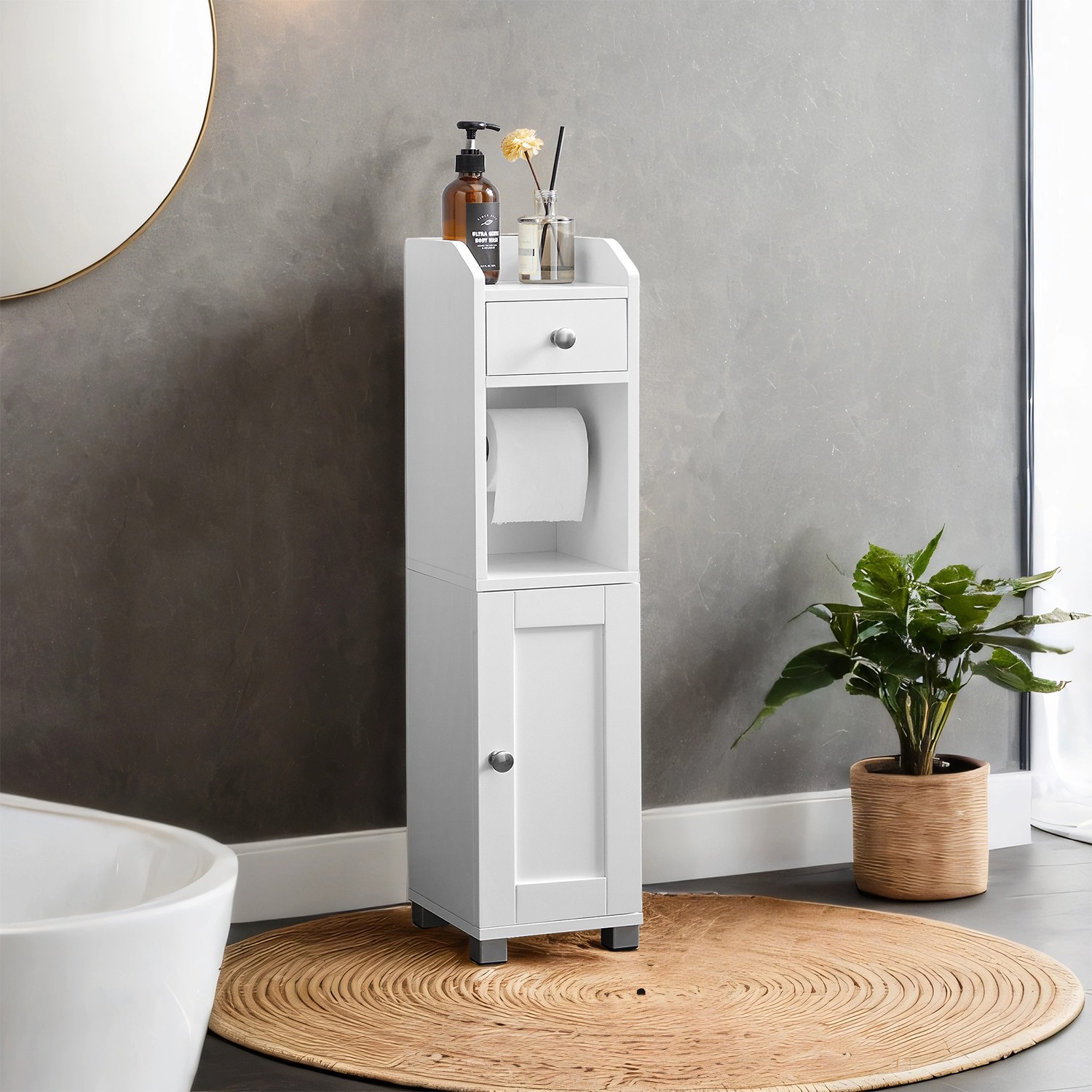 Toilet Paper Holder - MARDA Small Cabinet Bathroom Storage with Adjustable Shelf - Grey - Indigo Home