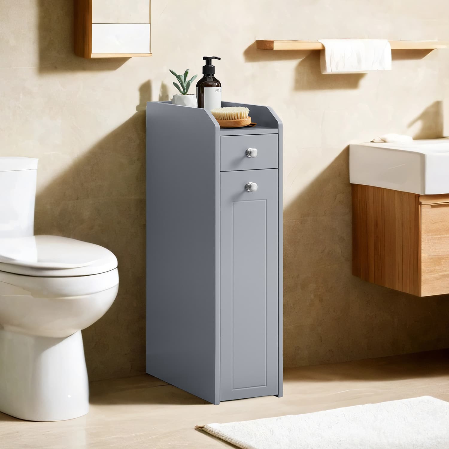 Bathroom Cabinet - MARDA Slim Storage Unit with Shelves - Dove Grey - Indigo Home