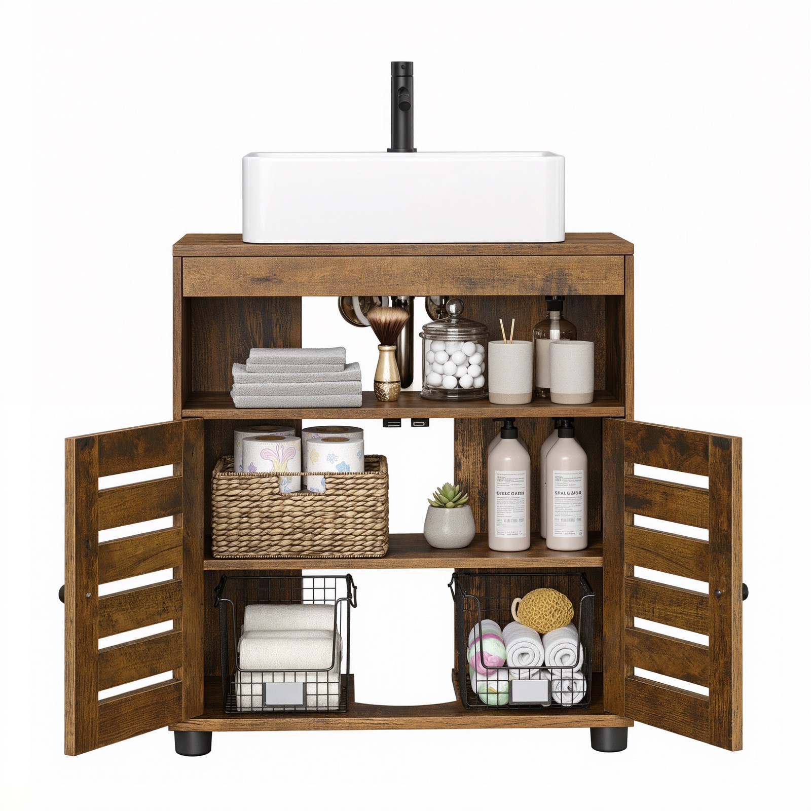 BRISTOWELL Bathroom Vanity unit with Adjustable Shelf and 2 Louvred Doors for Pedestal Sink - Brown - Indigo Home