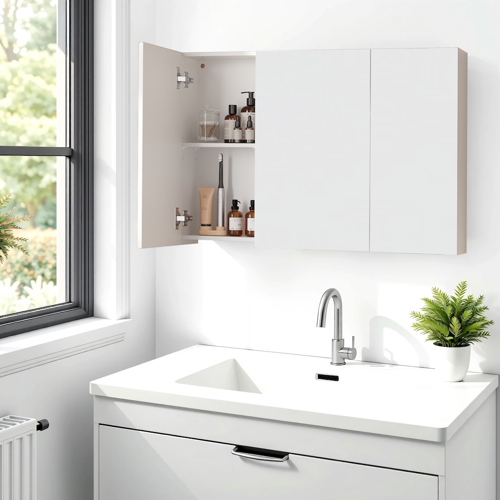 Bathroom Mirror Cabinet - MARDA Wall Cabinet with Mirror and 3 Door - White - Indigo Home