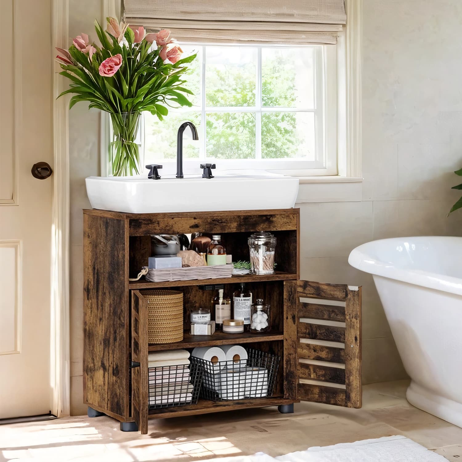 Under Sink Cabinet - MARDA Rustic Brown Vanity Storage Cupboard - Indigo Home