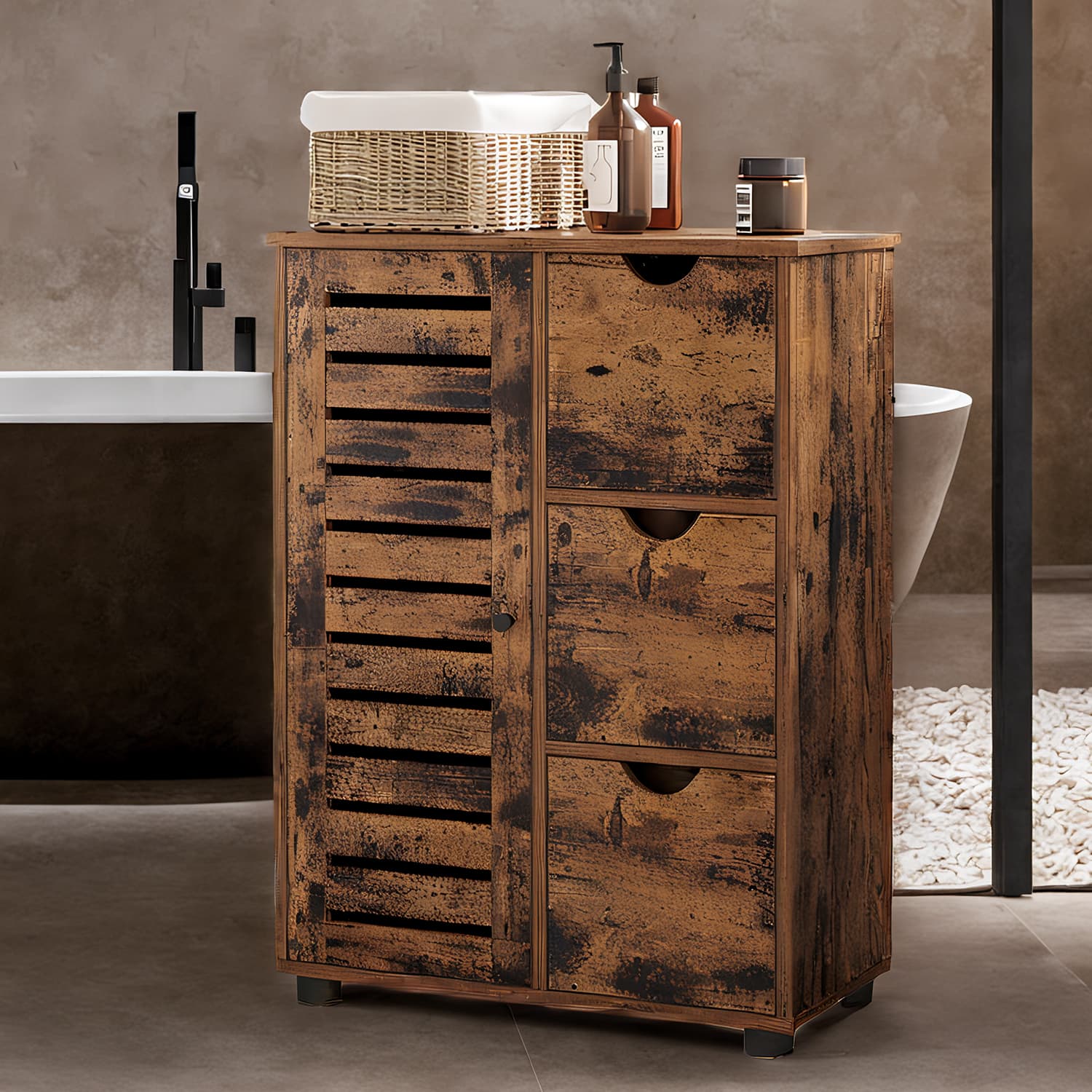 Bathroom Cabinet - MARDA Floor Storage Unit with 3 Drawers and Adjustable Shelves - Brown - Indigo Home