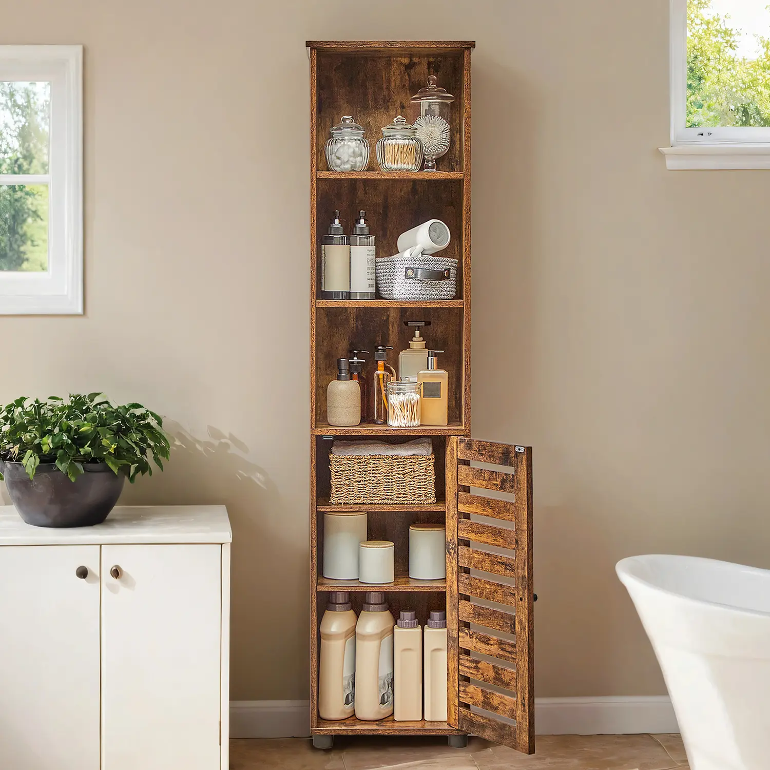 Tall Bathroom Cabinet - MARDA Floor Storage Rustic Brown - Indigo Home