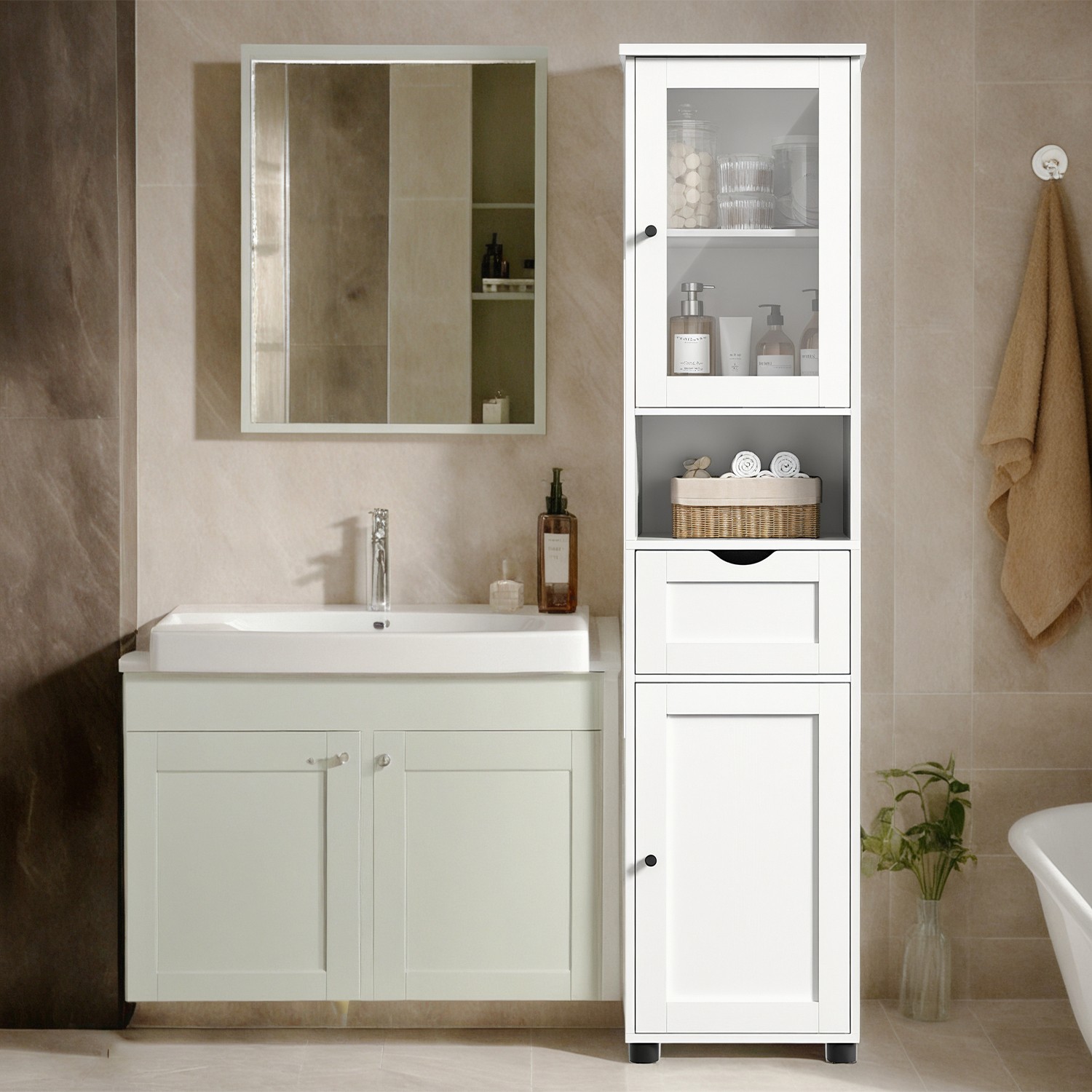 Tall Bathroom Cabinet - MARDA Slim Storage Cupboard Open Shelf - White - Indigo Home