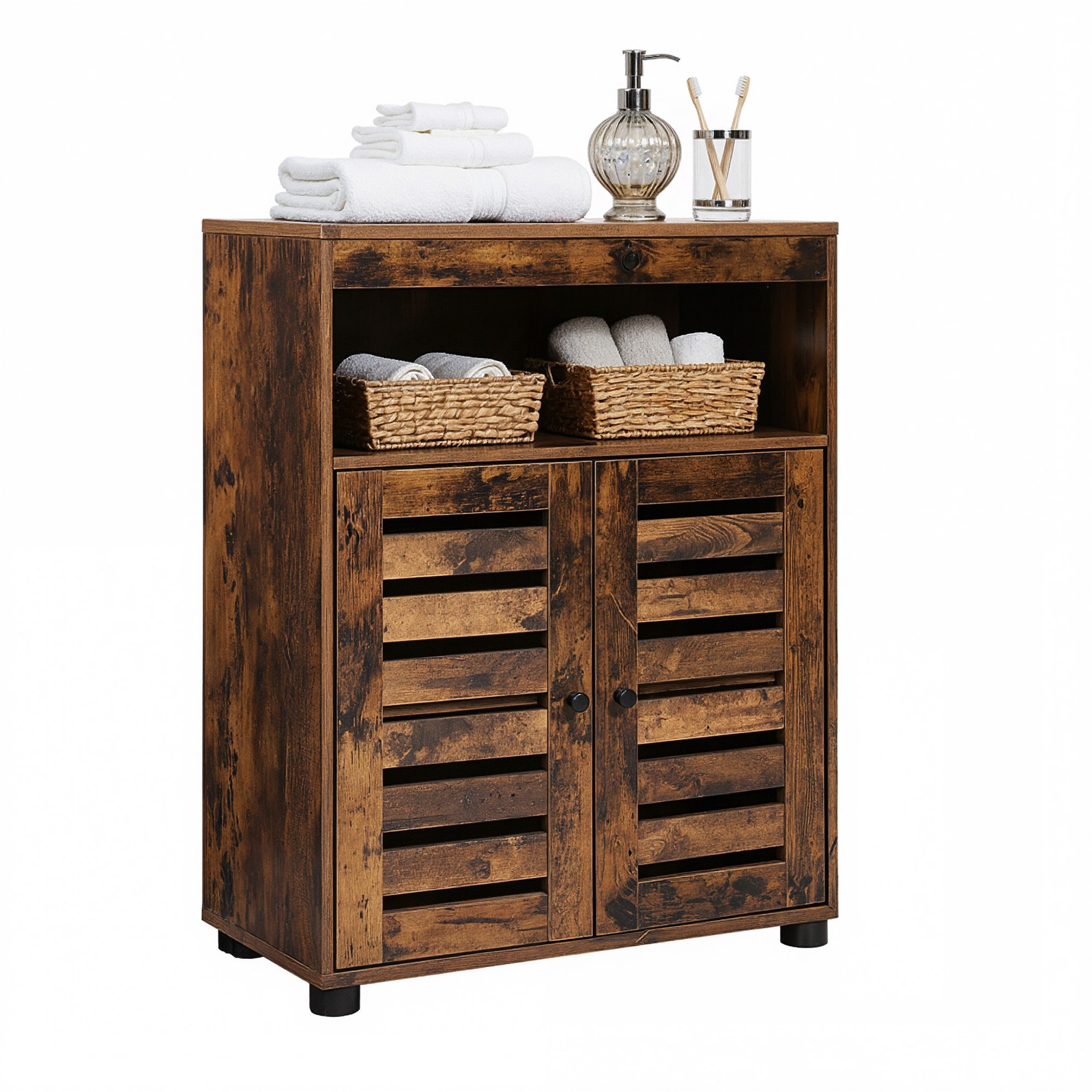 BRIARSTEAD 4 Tier Bathroom Cabinet with Adjustable Board, Louver Doors and Compartments - Brown - Indigo Home