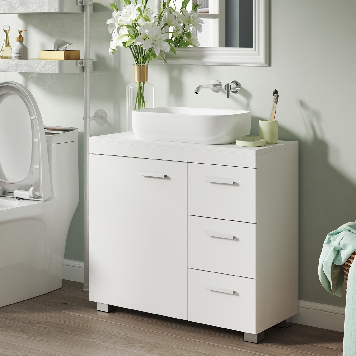 Sink Cabinet - MARDA Bathroom Under Sink Storage with 3 Drawers for Pedestal Washbasin - White - Indigo Home