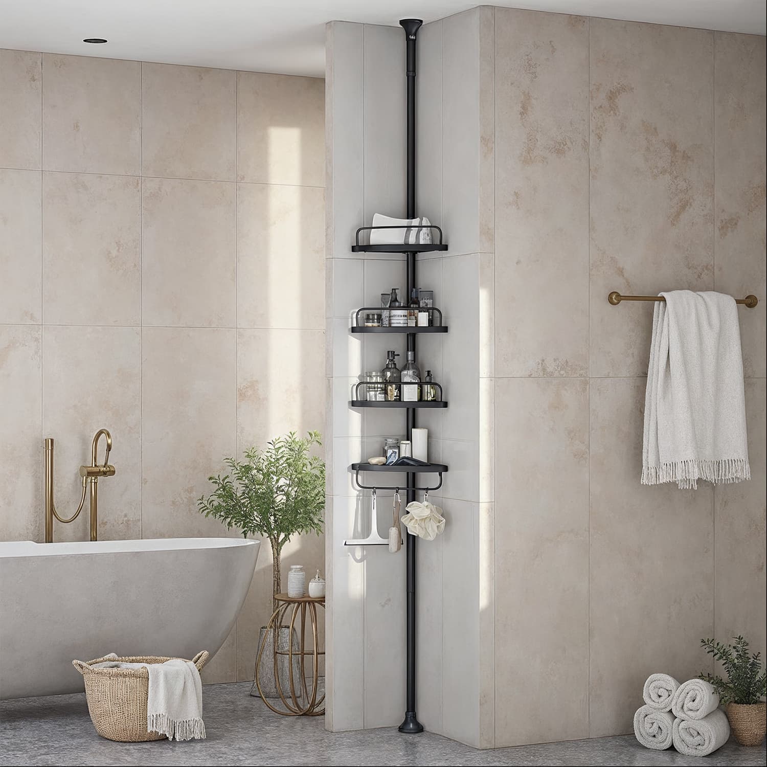 Shower Shelf - MARDA 4 Tier Corner Caddy Adjustable 85-305 cm - Black - Indigo Home