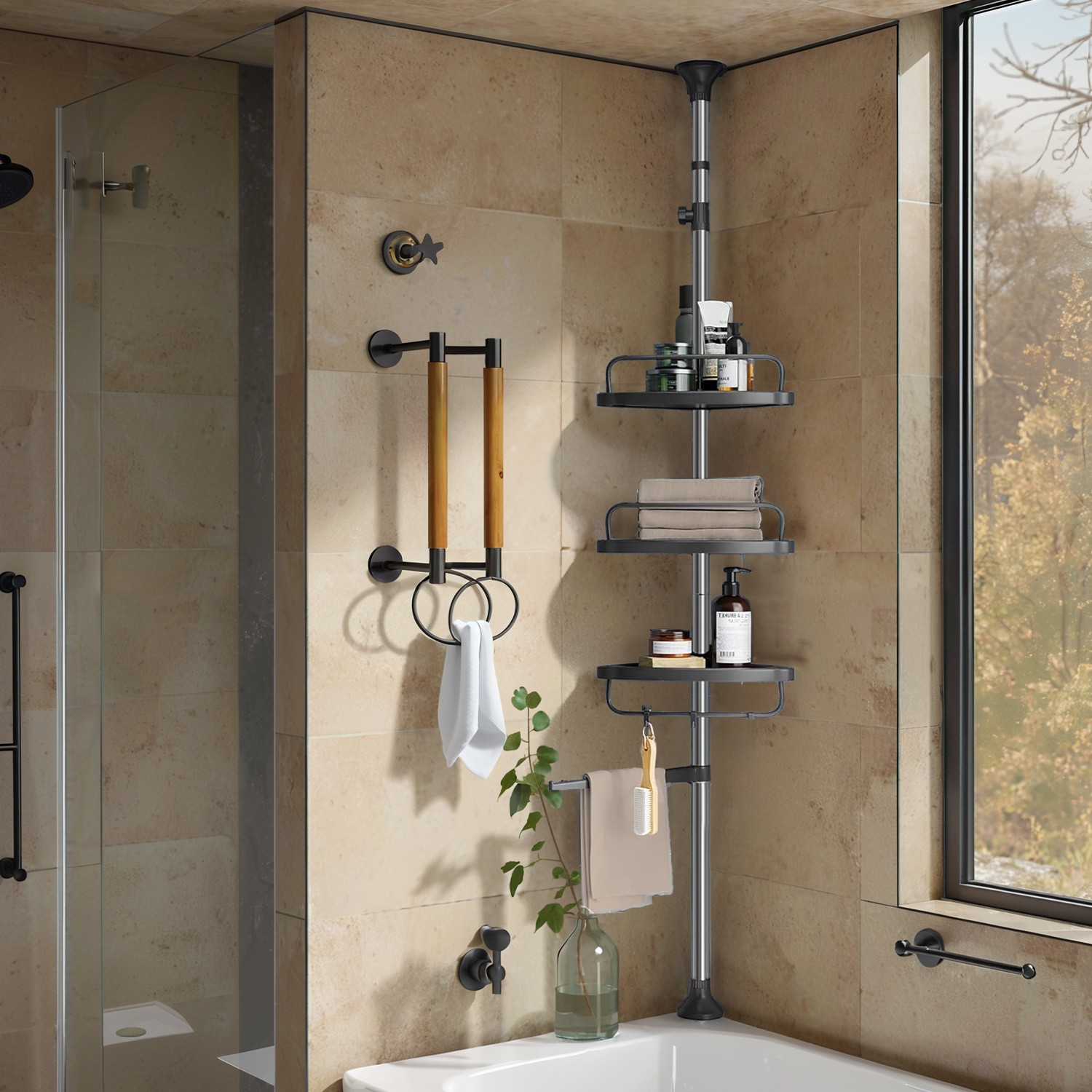 Shower Caddy - MARDA Telescopic Corner Shelf Stainless Steel - Black - Indigo Home