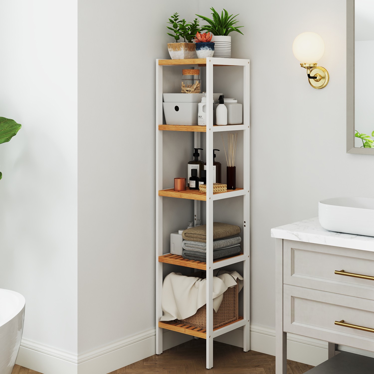 Bathroom Shelf - MARDA Bamboo 5 Tier Freestanding Narrow Storage - White Beige - Indigo Home