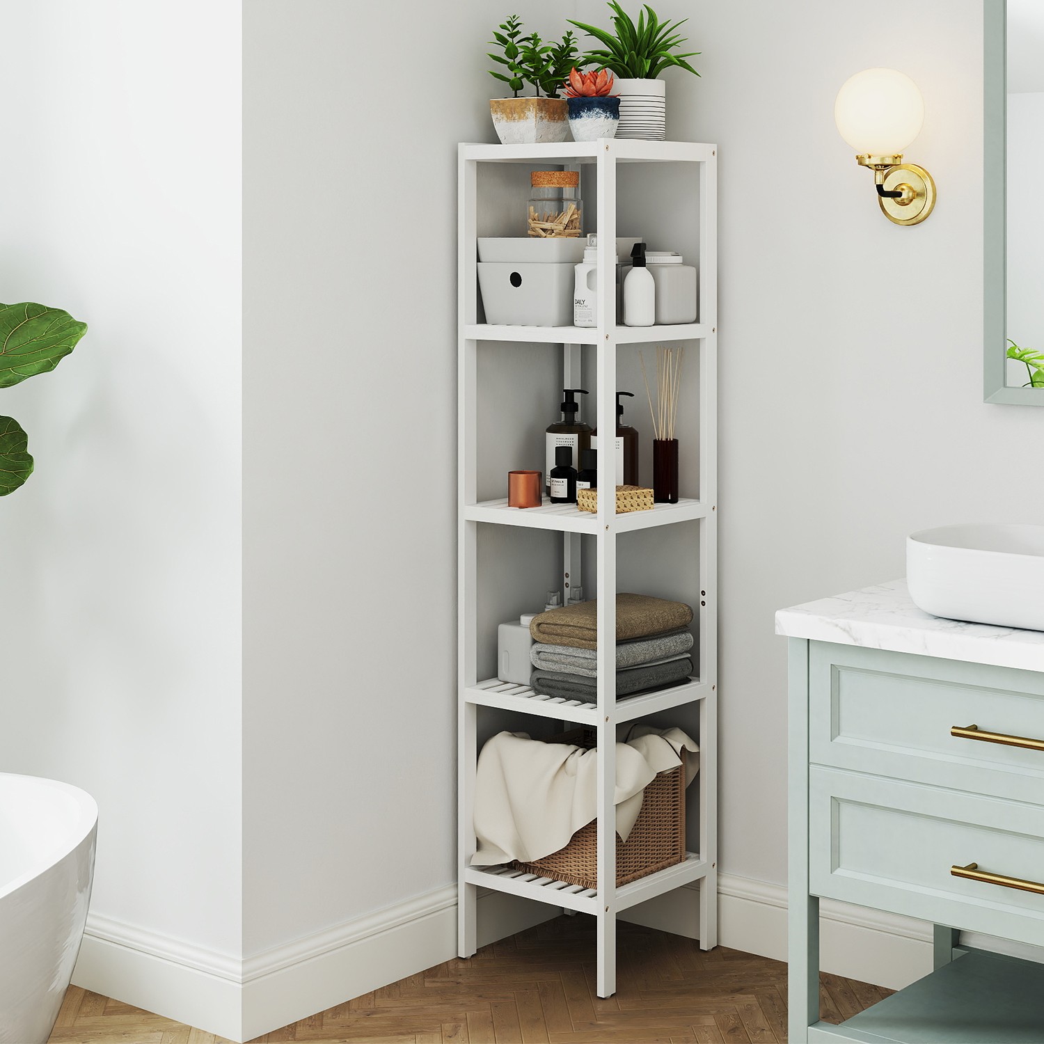 Bathroom Shelf - MARDA Bamboo 5 Tier Narrow Storage - White - Indigo Home