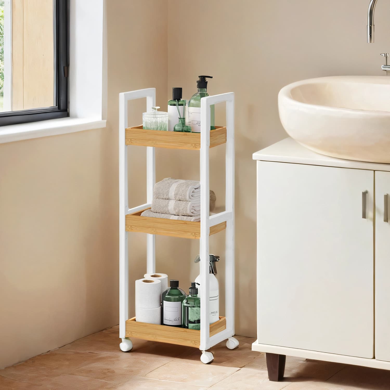 Bathroom Trolley - MARDA Slim 3 Tier Storage Shelf on Wheel Light Wood - Light Wood - Indigo Home