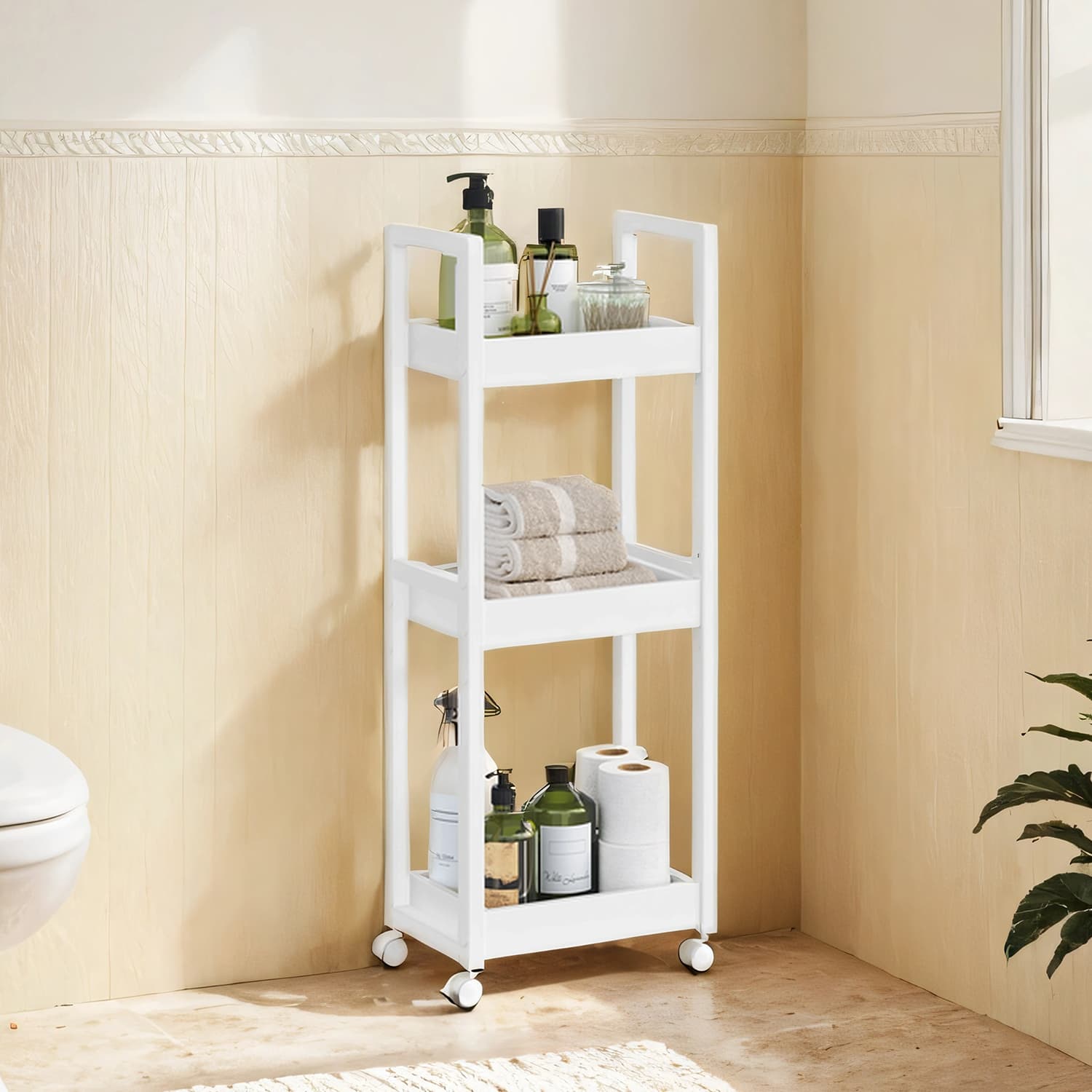 Bathroom Trolley - MARDA Slim 3 Tier Storage Shelf on Wheel - White - Indigo Home