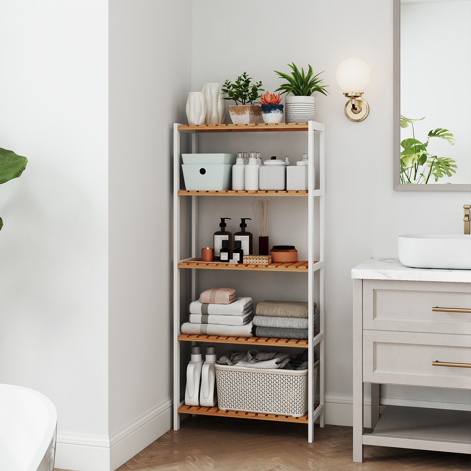 Bamboo Shelf - MARDA 5 Tier Multifunctional Storage Unit - White - Indigo Home