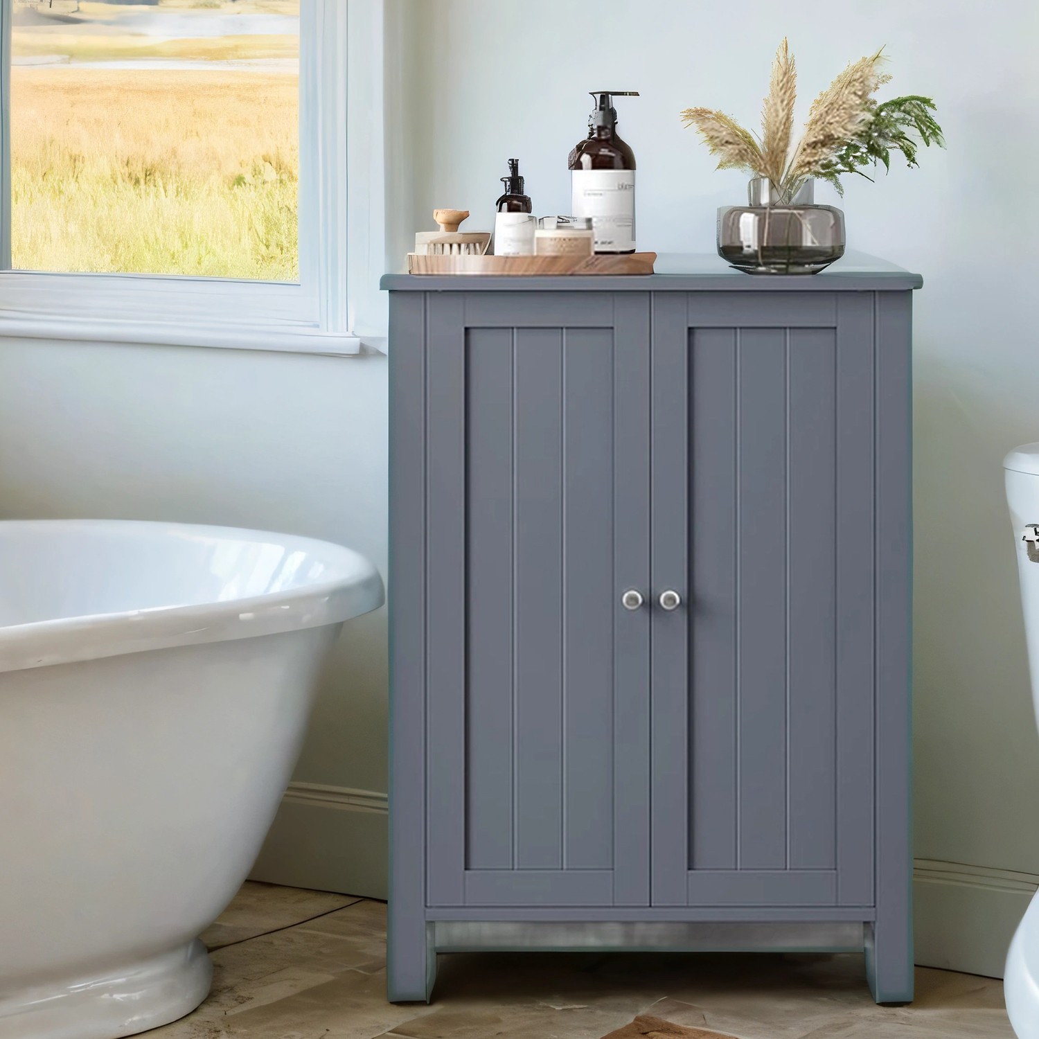 Bathroom Cabinet - MARDA Freestanding Floor Storage Cupboard with Shelves - Grey - Indigo Home