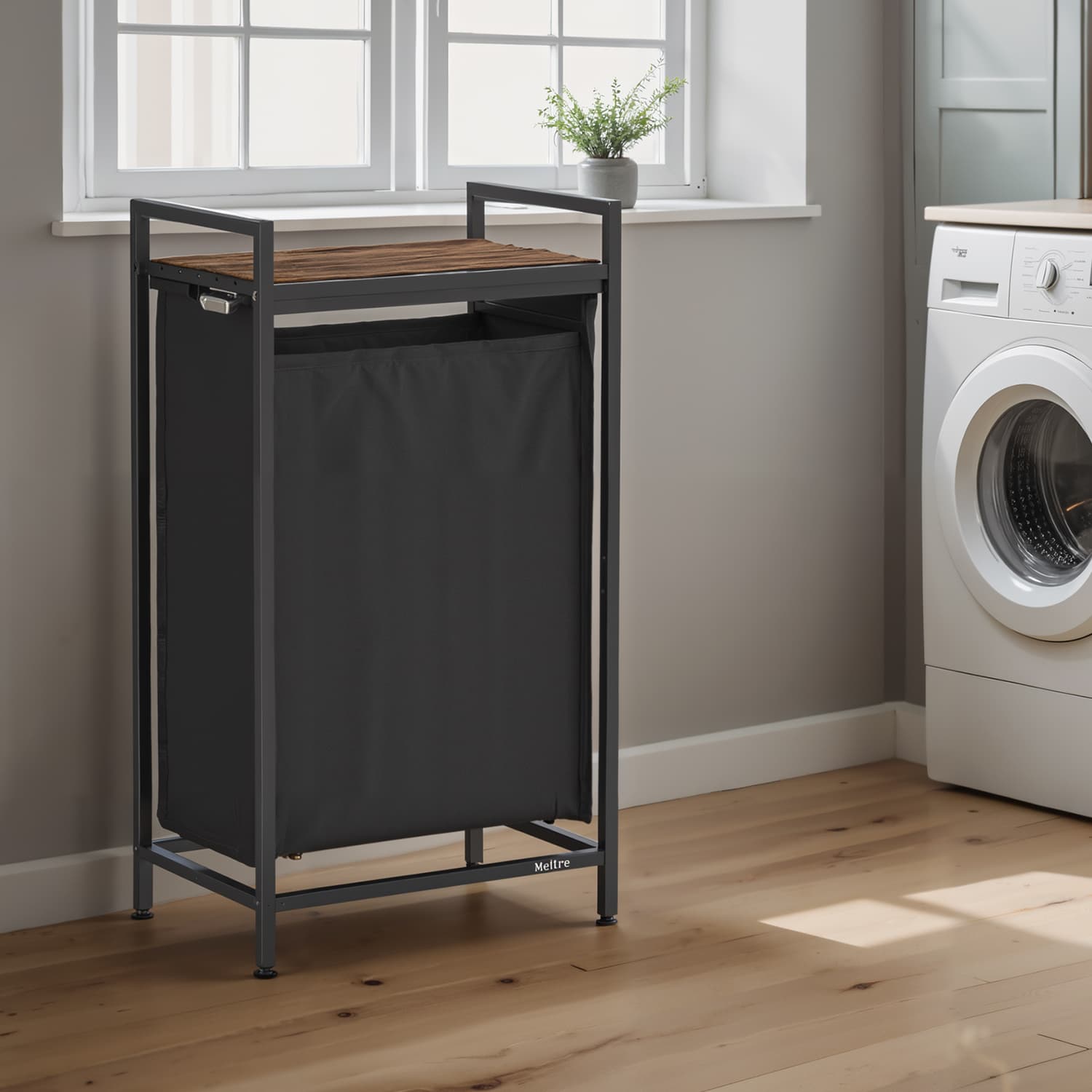 Laundry Hamper - MARDA Basket 47L Pull Out Liner and Shelf - Dark Wood - Indigo Home