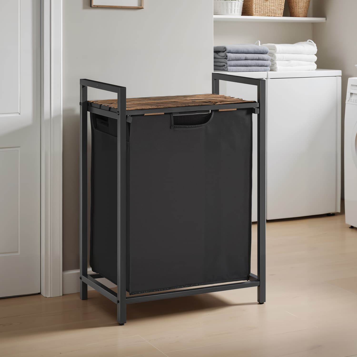 Laundry Hamper - MARDA Basket 65L Pull Out Liner and Shelf - Black - Indigo Home
