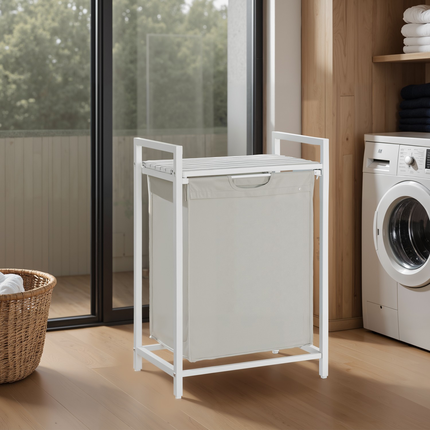 Laundry Hamper - MARDA Basket 65L Pull Out Liner and Shelf - White - Indigo Home