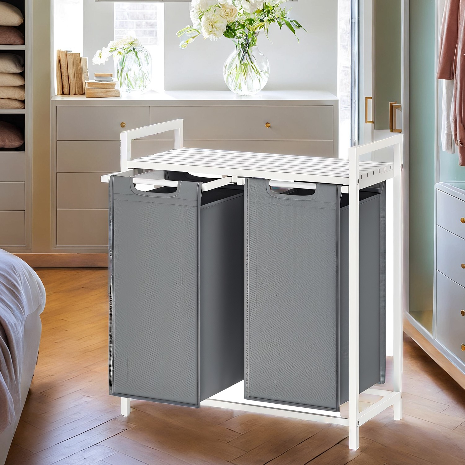 Laundry Sorter - MARDA 2 Removable Bags Metal Frame - White Grey - Indigo Home