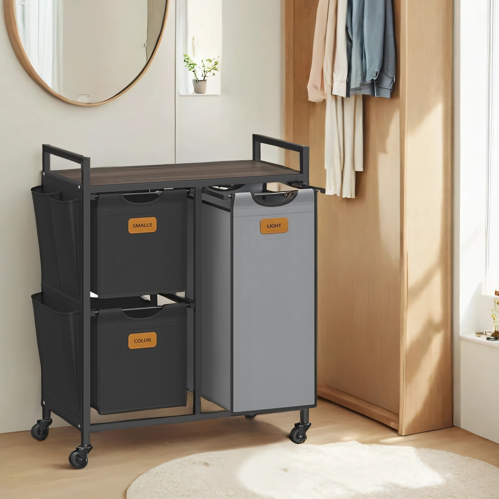 Laundry Hamper - MARDA 3 Compartment 100L Cart with Shelf - Chestnut Brown - Indigo Home
