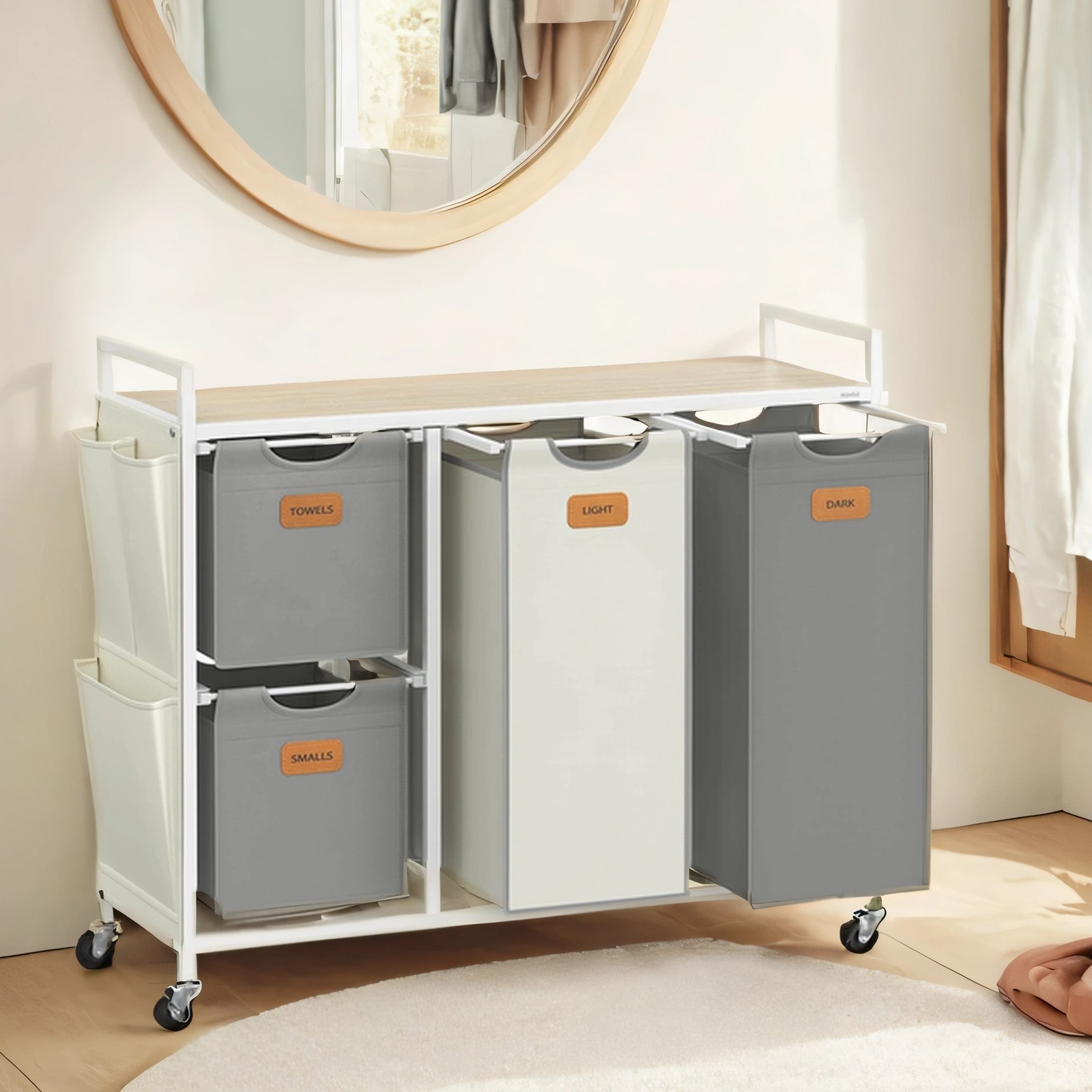 Laundry Sorter - MARDA 4 Compartment Rolling Cart with Removable Bag - White - Indigo Home