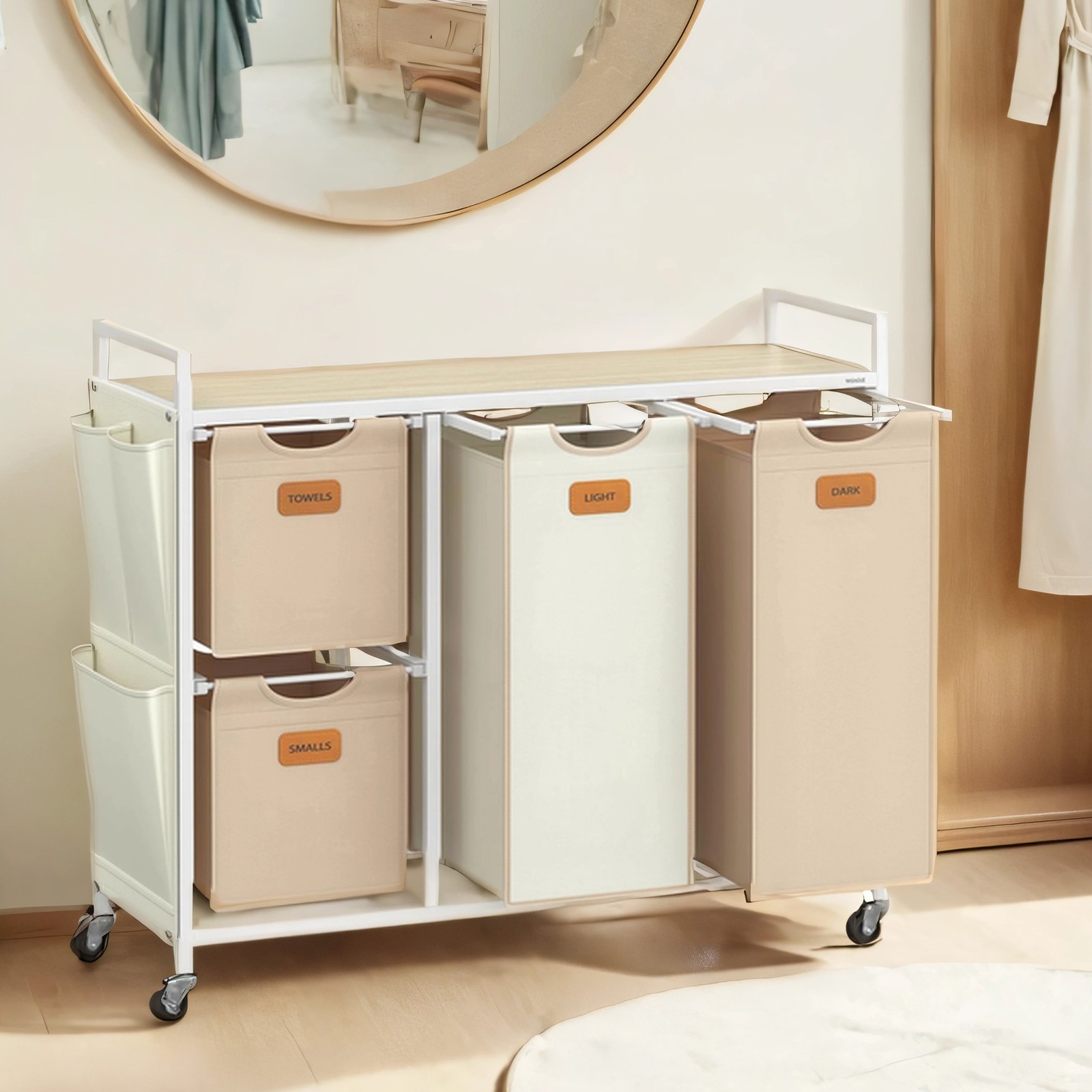Laundry Sorter - MARDA 4 Compartment Rolling Cart with Removable Bag - Camel Brown and White - Indigo Home