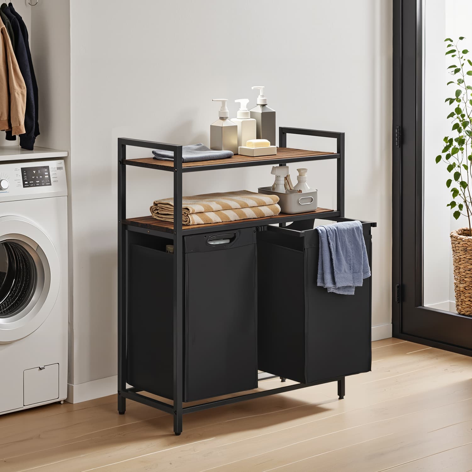 Laundry Hamper - MARDA Sorter Rustic Brown with 2 Pull Out Bags and 2 Shelves - Rustic Brown - Indigo Home