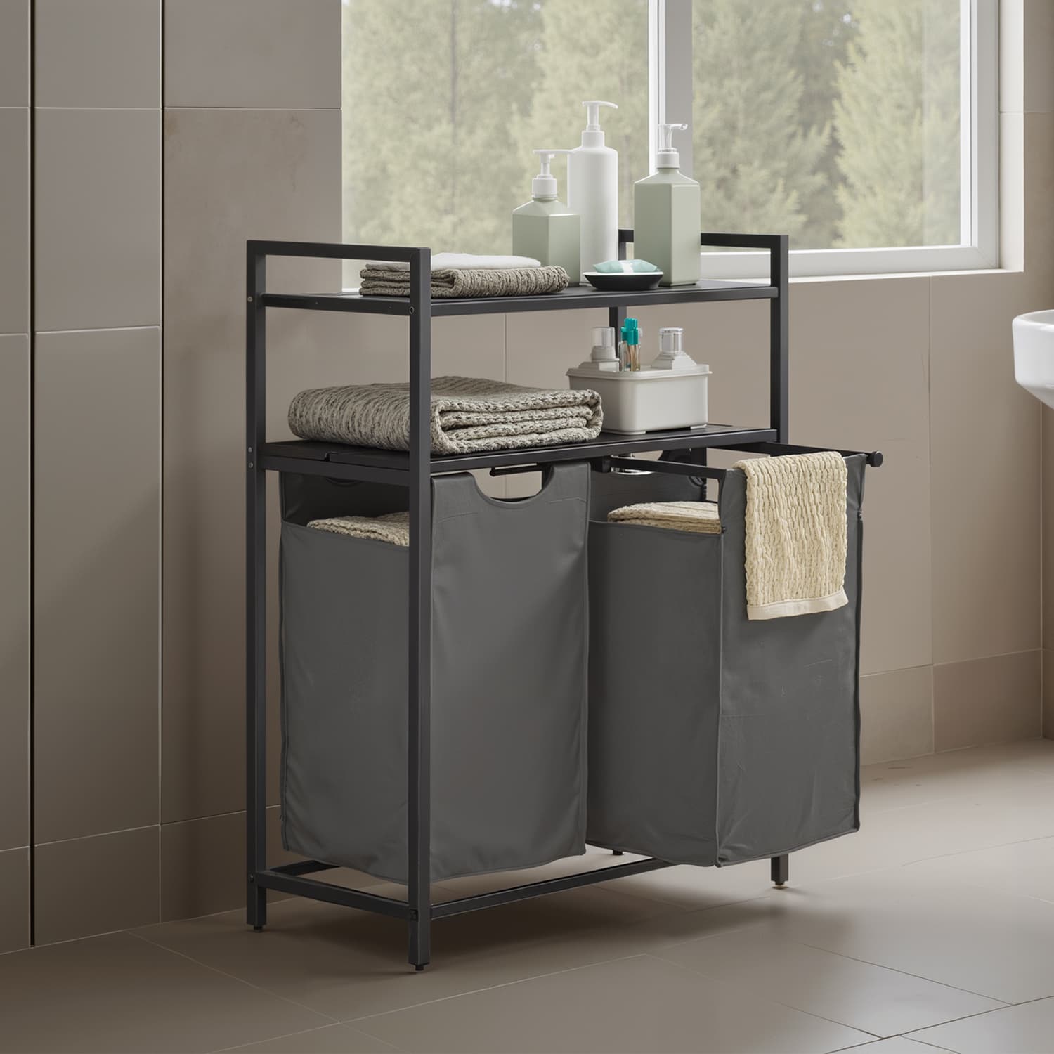 Laundry Hamper - MARDA Sorter with 2 Pull Out Bags and 2 Shelves - Grey - Indigo Home