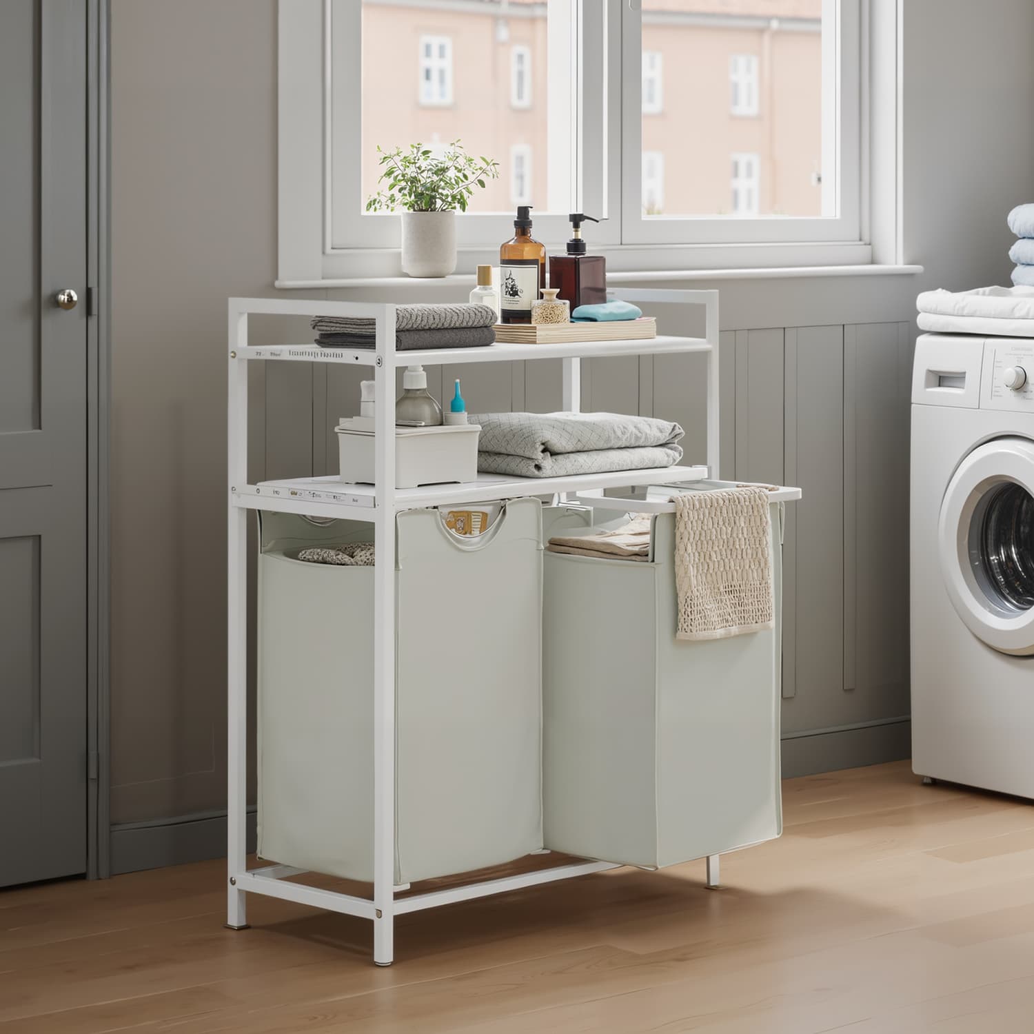 Laundry Hamper - MARDA Sorter with 2 Pull Out Bags and 2 Shelves - White - Indigo Home
