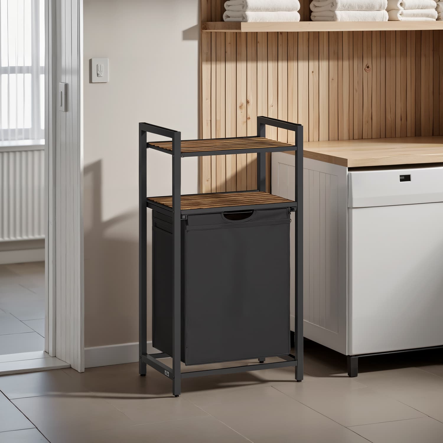 Laundry Hamper - MARDA 65L Capacity Pull Out Bag Shelves - Brown Black - Indigo Home