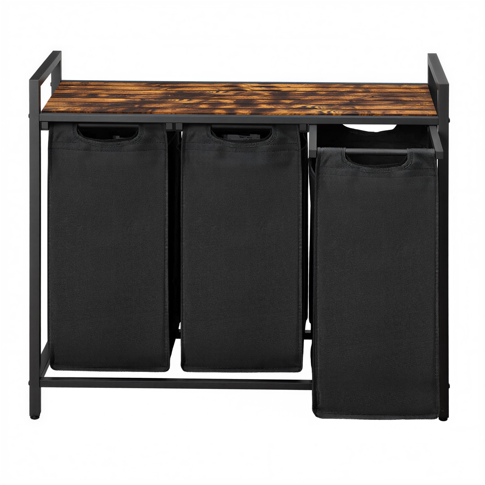 BROCKWELLN 3 Section Metal Laundry Basket with Removable Liner Bags - Medium Oak with Black - Indigo Home