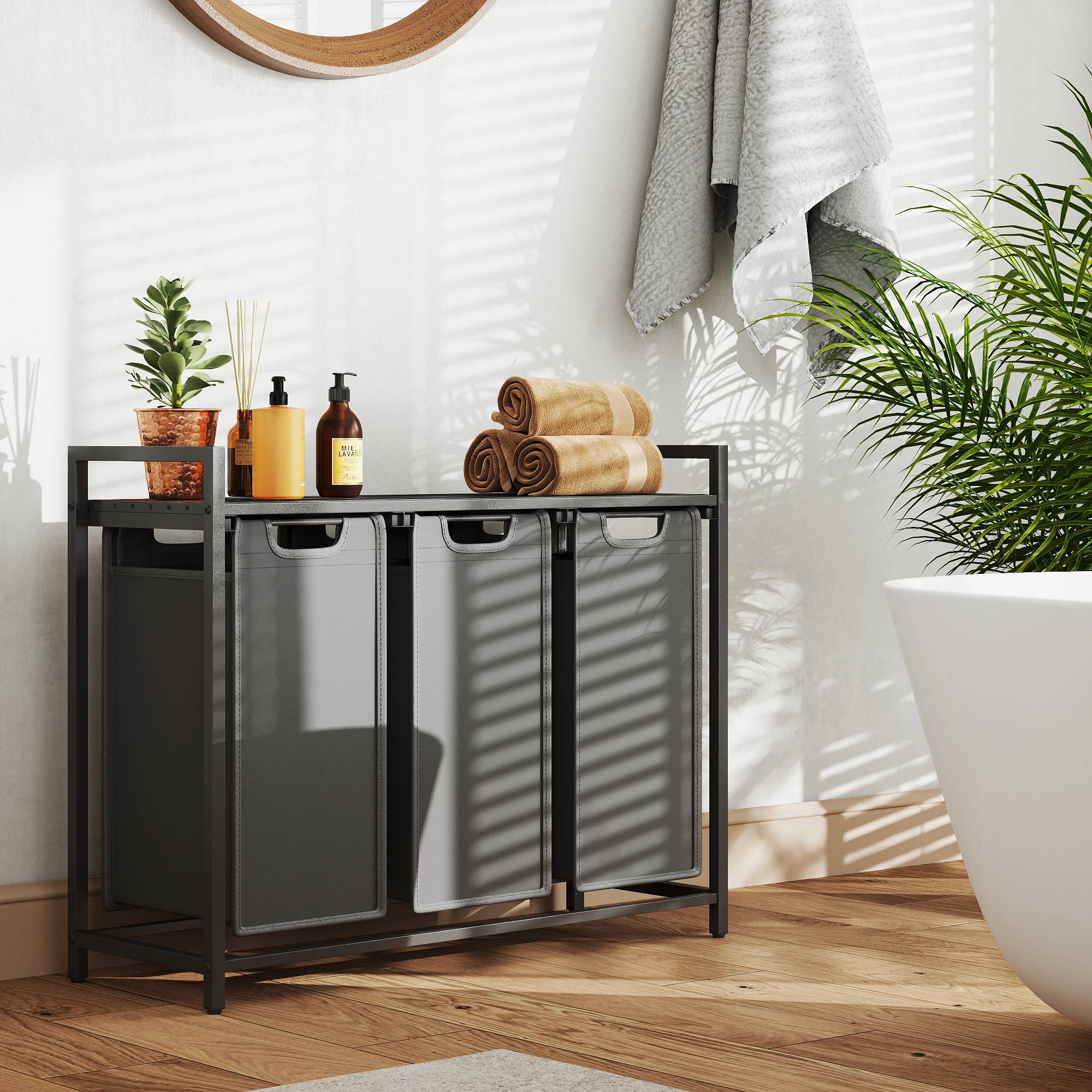 Laundry Basket - MARDA 3 Compartment Hamper with Pull Out Removable Bag - Black - Indigo Home