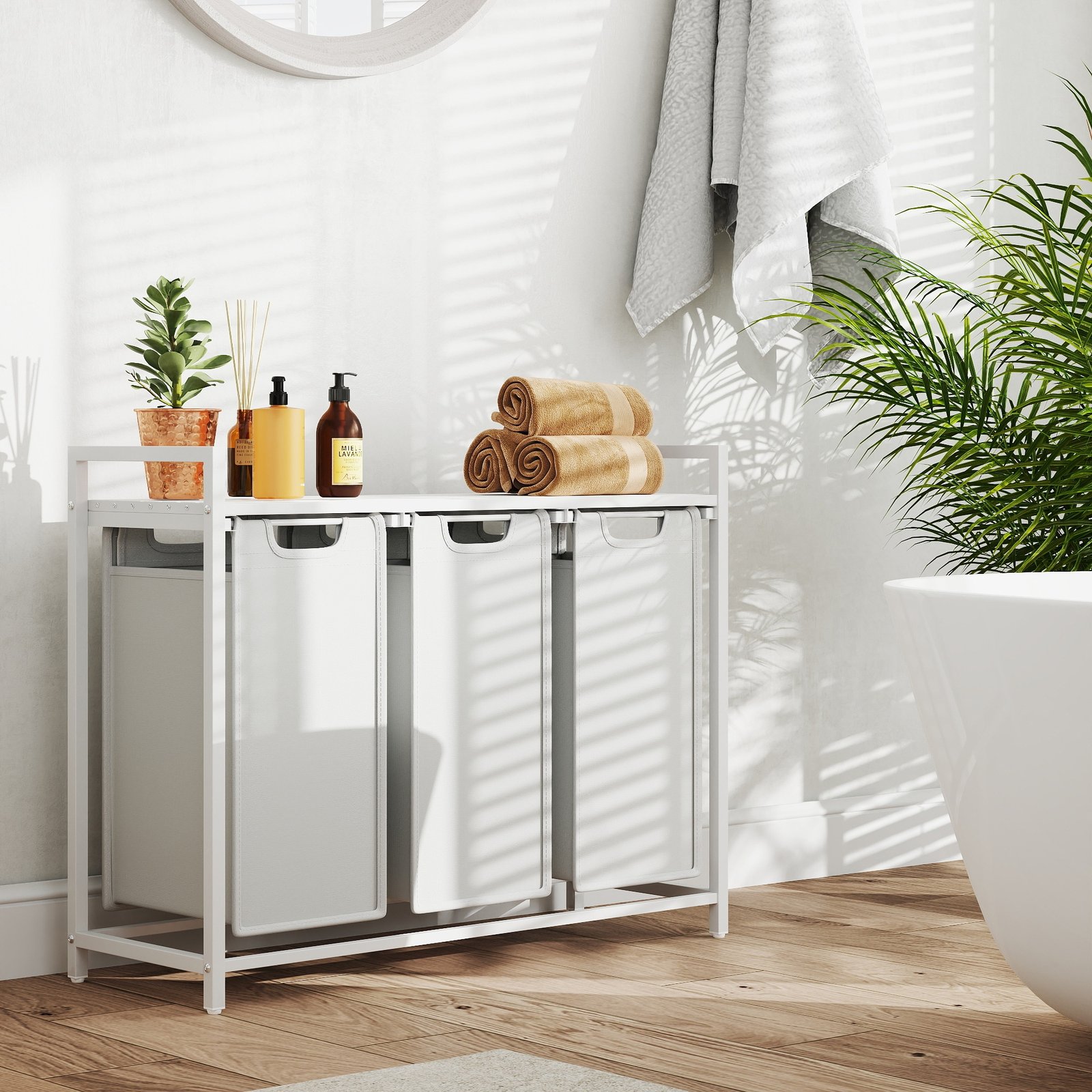 Laundry Basket - MARDA 3 Compartment Hamper with Pull Out Removable Bag - White - Indigo Home