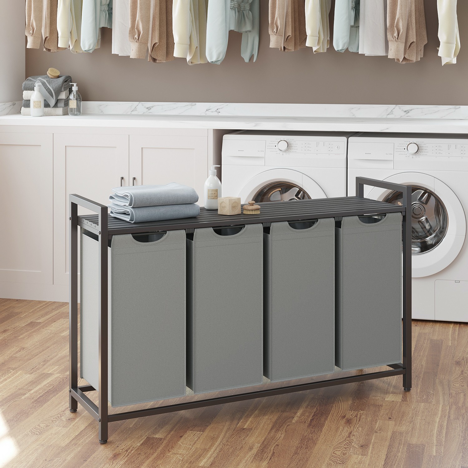 Laundry Sorter - MARDA 4-Section Pull Out Basket with Removable Bags - Grey - Indigo Home