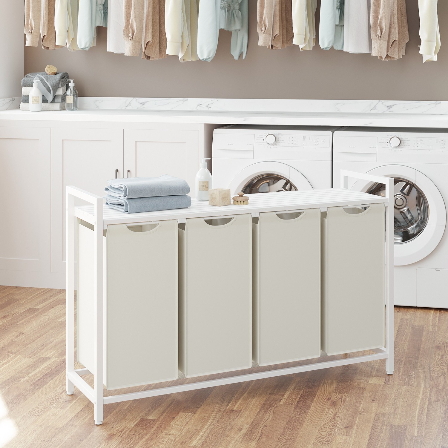 Laundry Sorter - MARDA 4-Section Pull Out Basket with Removable Bags - White - Indigo Home