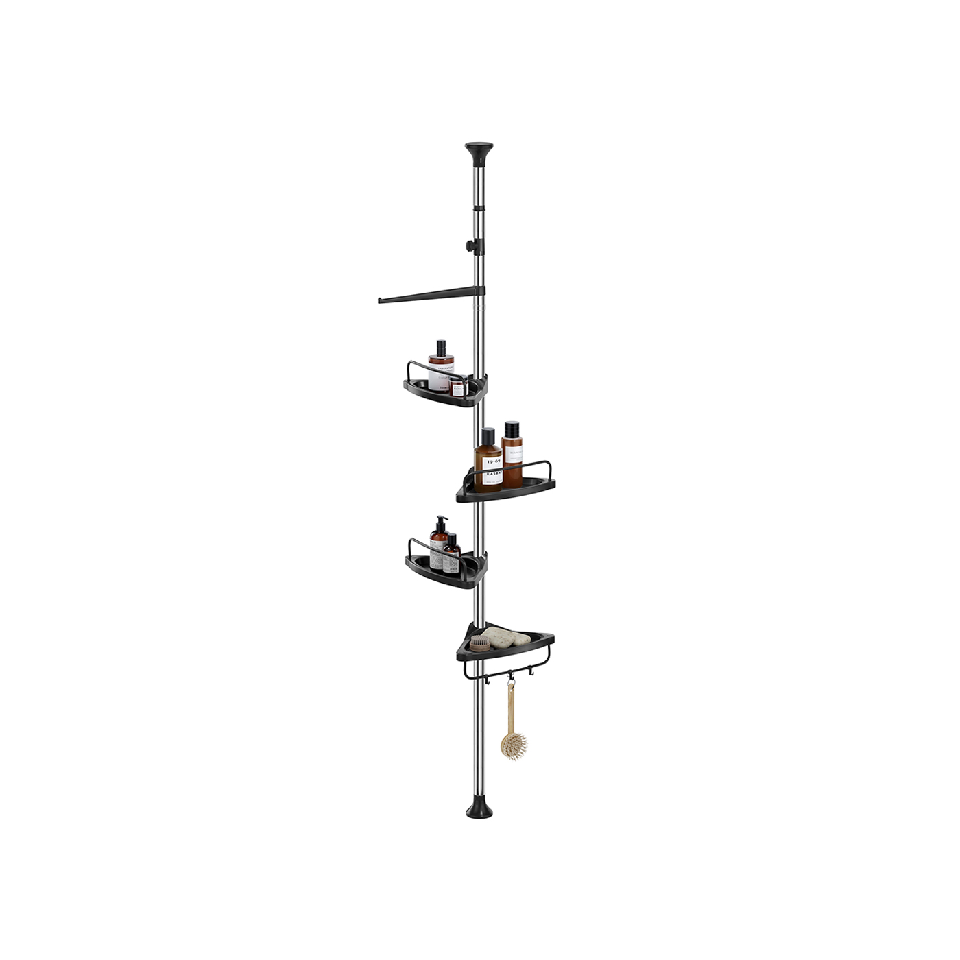 Shower Caddy - FINVAS Adjustable Stainless Steel Corner Shelf with 4 Tiers, Hooks and Towel Bar - Silver and Black - Indigo Home
