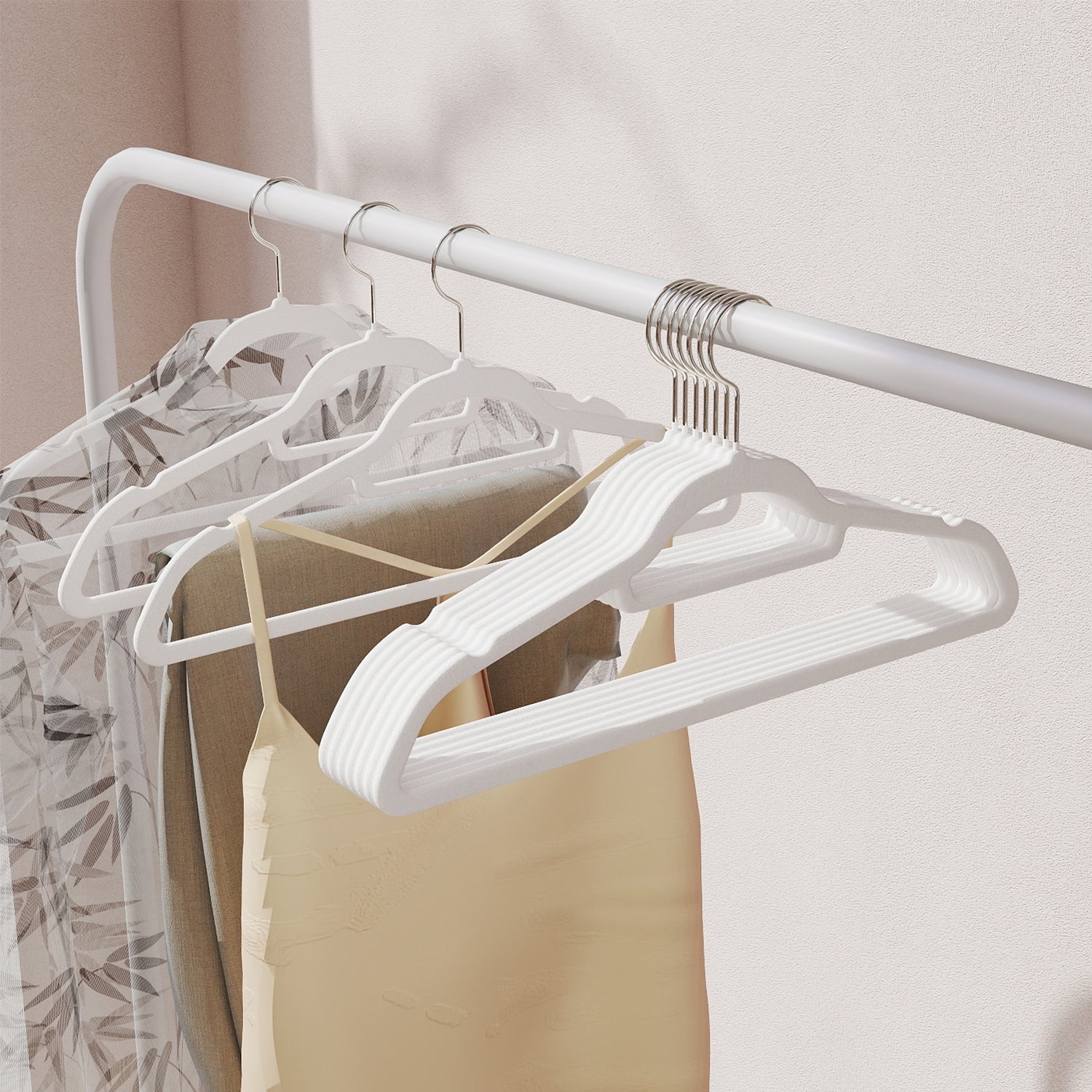 Velvet Hangers - SOLRO Set of 50 Non-Slip Hangers with Silver Swivel Hook - White - Indigo Home
