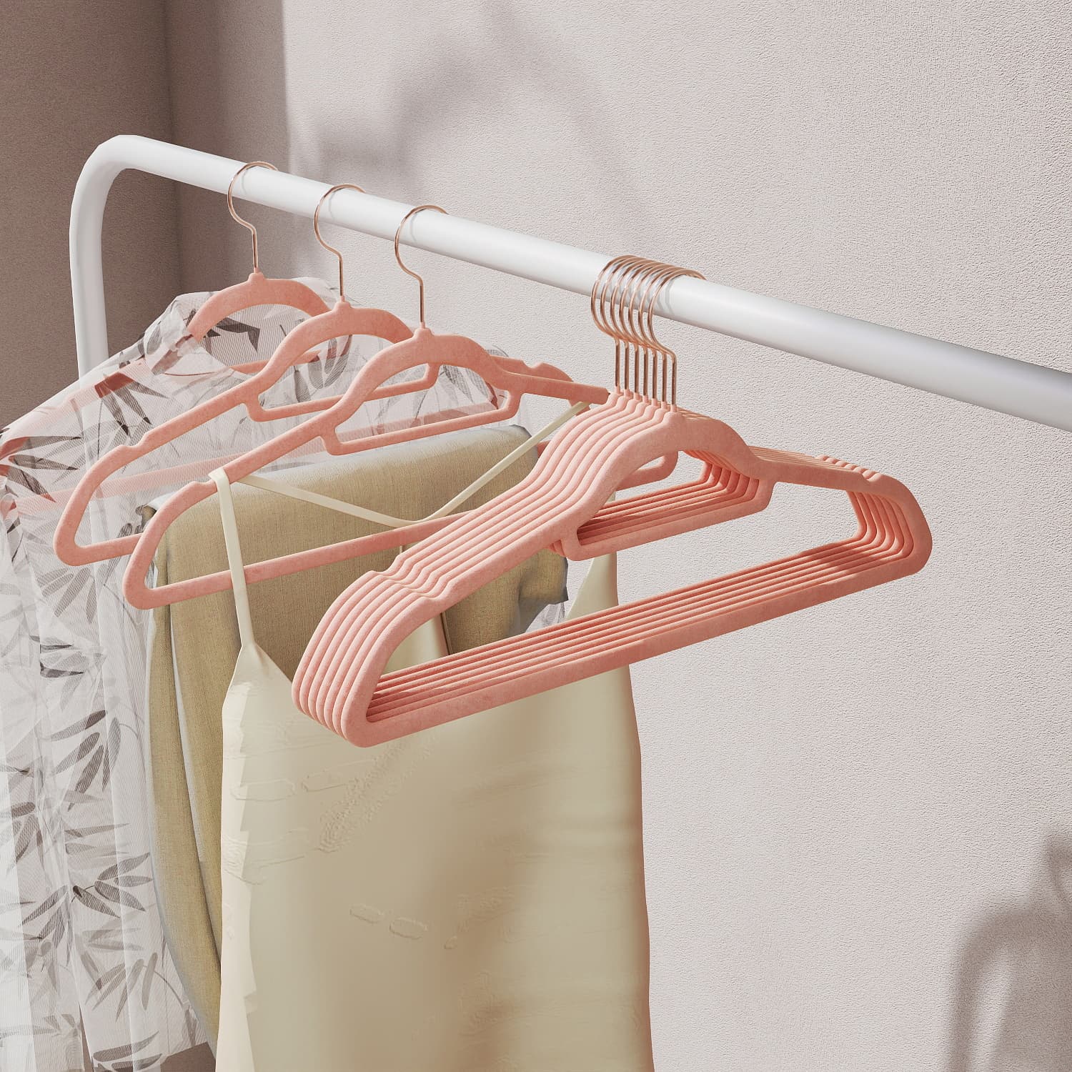 Velvet Hangers - SOLRO Set of 50 Non-Slip Hangers with Rose Gold Swivel Hook - Coral Pink - Indigo Home