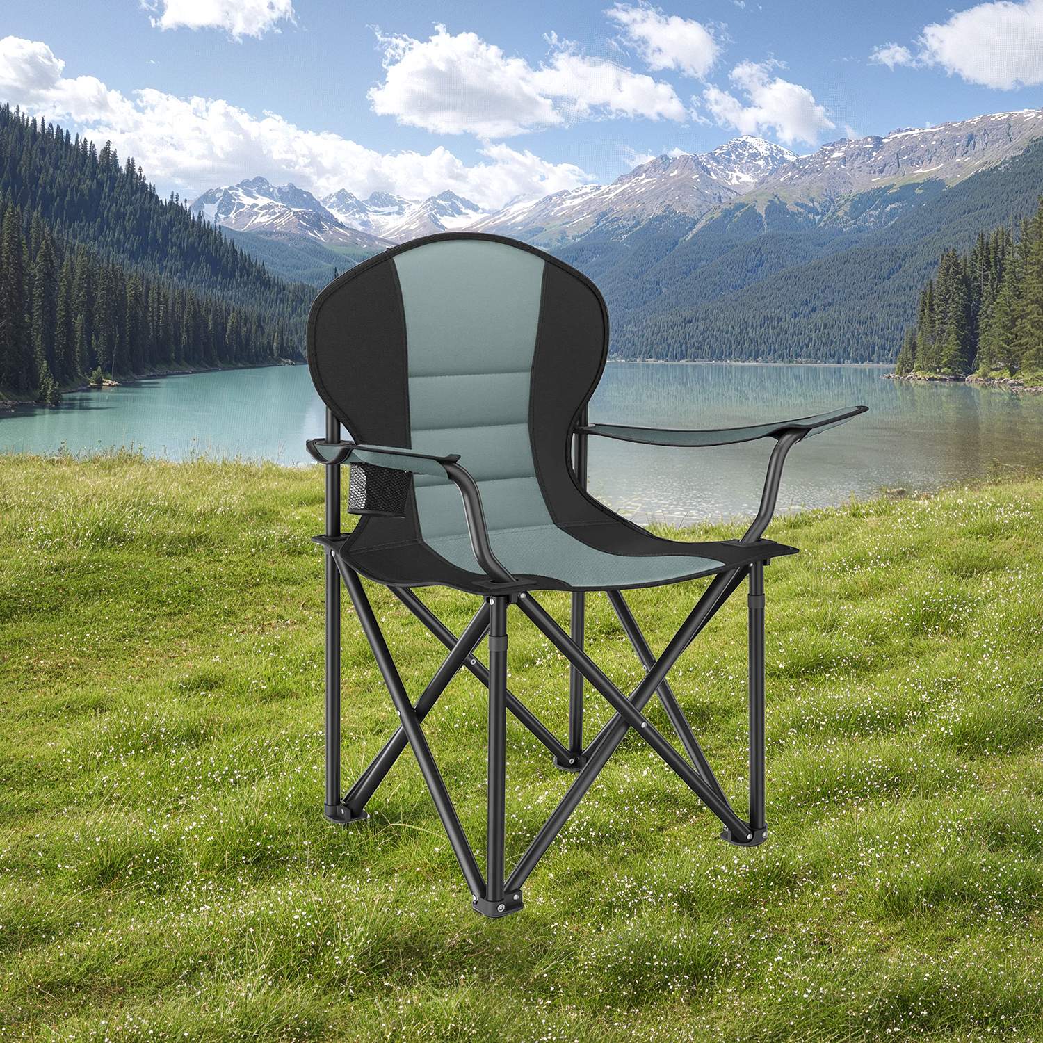 Camping Chair - FIORIA Folding Outdoor Chair with Padded Seat and Cup Holder - Green - Indigo Home