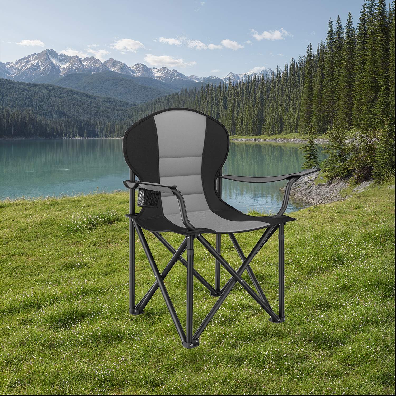 Camping Chair - FIORIA Folding Outdoor Chair with Padded Seat and Cup Holder - Grey - Indigo Home