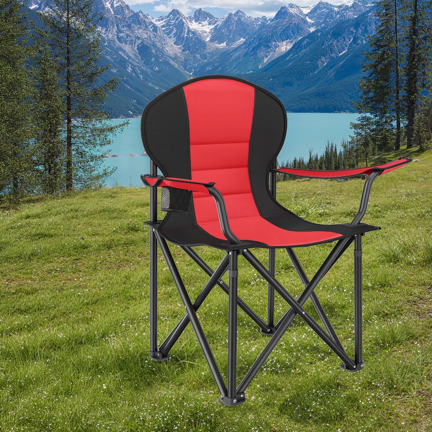 Camping Chair - FIORIA Folding Outdoor Chair with Padded Seat and Cup Holder - Red - Indigo Home