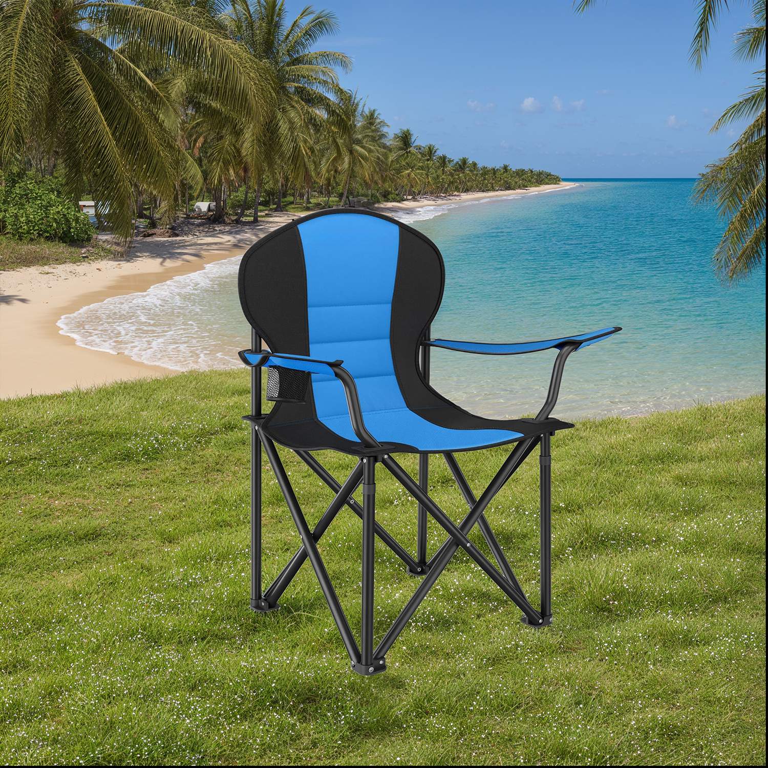Camping Chair - FIORIA Folding Outdoor Chair with Padded Seat and Cup Holder - Blue - Indigo Home
