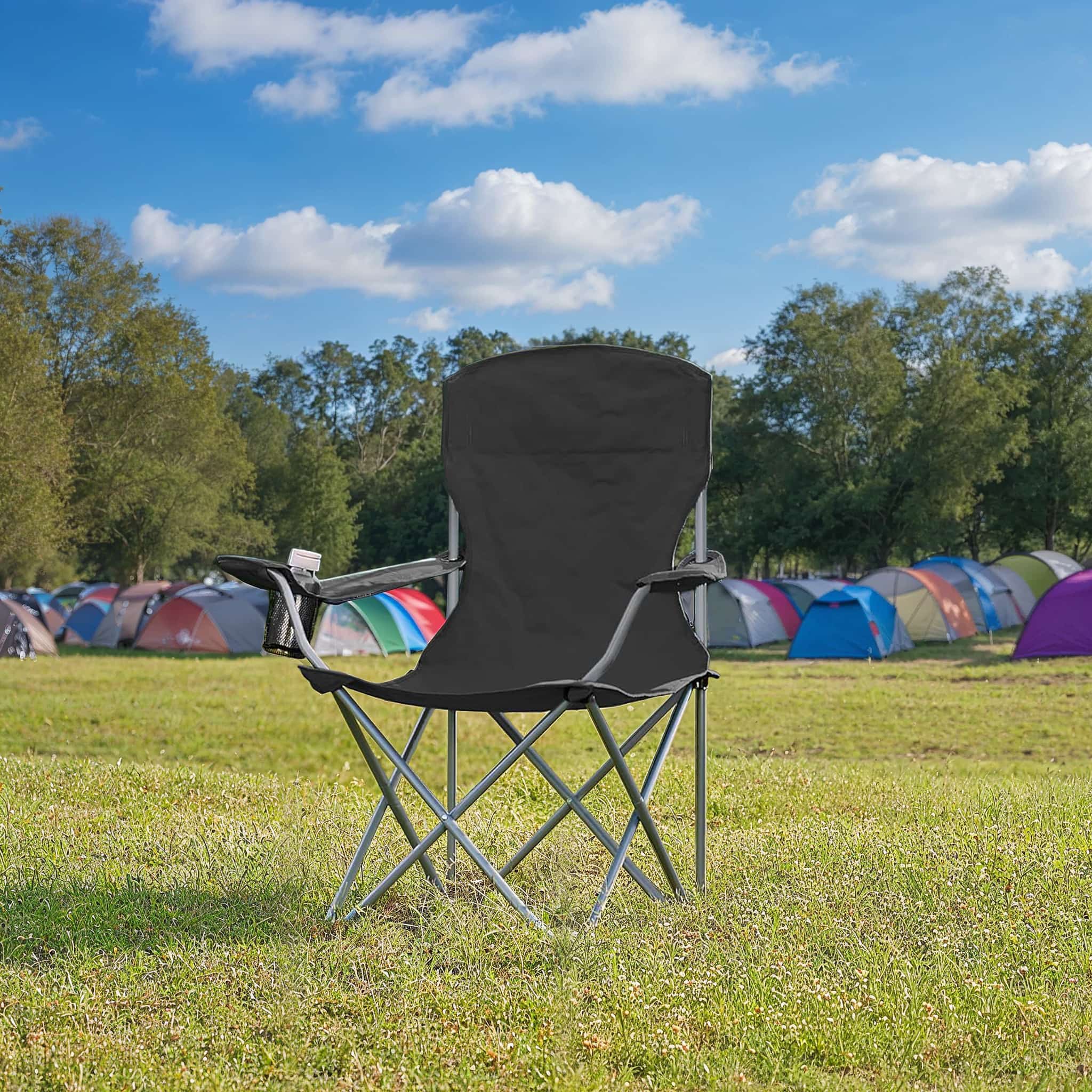 Camping Chairs - FIORIA Heavy Duty Folding Outdoor Chairs with Cup Holder - Black - Indigo Home