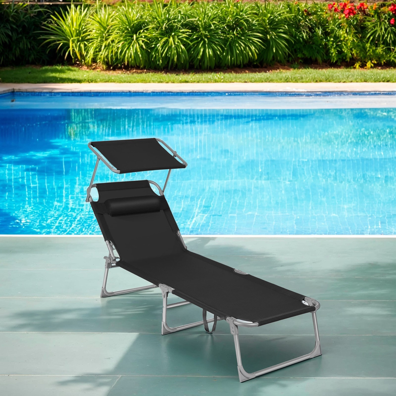 Sun Lounger - FIORIA Folding Deck Chair Sunbed - Black - Indigo Home